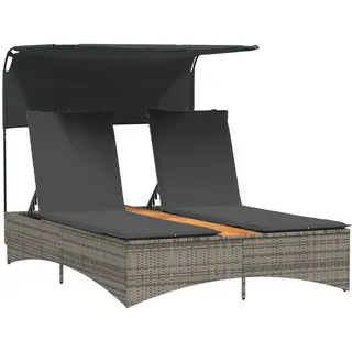 vidaXL Doppel-Sonnenliege mit Dach und Auflagen Grau Poly Rattan - Grau