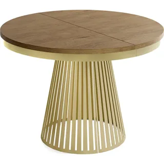 Esstisch Rund Ausziehbar mit Lamellen im Loft-Stil – 120 bis 200 cm – Industrieller Tisch mit Metallbeinen in Gold, Platzsparend für Wohnzimmer oder Esszimmer – Eiche Braun Rustikal - Braun