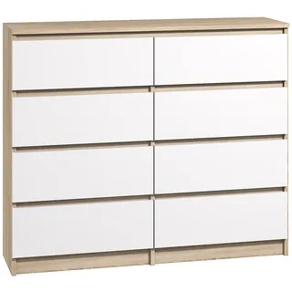 Roe Furniture | Kommode - 8 Schubladen - 140 cm - Weiß und Sonoma - Minimalistisches Design - Hochwertige Verarbeitung - Sideboard - Weiß, Braun