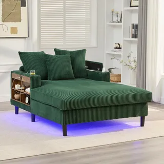 LVHOM Schlafsofa mit LED & USB, Chaiselongue mit Becherhalter & Stauraum, großes Einzelsofa bis 300kg belastbar, inkl. 3 Kissen, 129x170cm, Grün - Grün