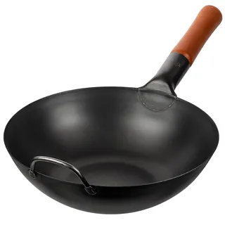 YOSUKATA Karbonstahl Woks & Wokpfannen - 30 cm Voreingebrannter Wokpfanne Karbonstahl Flacher Boden- Traditionell Wok für induktionsherd - Kompatibel mit Gas- Elektroherden Grill Induktion Feuer