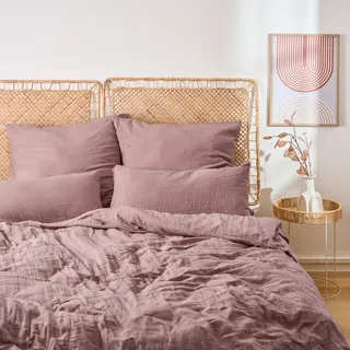 Blumtal Musselin Bettwäsche 135x200 cm - Bettbezug 135 x 200 + Kissenbezug 80x80 Violett - Violett