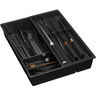 Unyqoos® Besteckkasten mit 7 Fächern – Besteckeinsatz 39 x 30.5 x 7.0 cm, BPA‐freier Kunststoff, Schwarz, für Küche & Hobby, abgeflachte Mitteltrennwände - Schwarz
