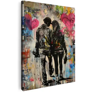 Artmazing | Banksy Paar Bild bunt | S-Art Bilder | Banksy Paar Bilder Modern | Coole Wandbilder Wohnzimmer | Wandbild Banksy Paar Deko XXL | Bild Leinwand XXL | buntes Poster für Wand