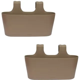 Engelland 2 x Blumenkasten zum Auf-Hängen, Farbe: Braun, Blumentopf, oval, Balkon, Übertopf, Pflanzkasten, mit Wasserspeicher/Wasserauffangschale