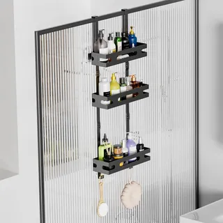 YEAUPE PRO Hängendes Duschregal 3-teilig – Duschablage Ohne Bohren mit 2 Saugnäpfen, 6 Haken & Ovalen Öffnungen