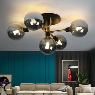 ZMH Deckenlampe Wohnizimmer Deckenleuchte Glaskugel - Wohnzimmerlampe Vintage Rauchgrau Glas 5 Flammig Kronleuchter G9 Retro mit Metall Rahmen Schalfzimmerlampe für Küche (ohne Leuchtmittel)