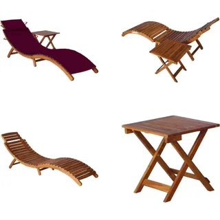 vidaXL Sonnenliege mit Tisch und Auflage Massivholz Akazie - Sonnenliege Mit Tisch - Sonnenliegen Mit Tischen - Holz-Sonnenliege Mit Tisch - Holz-Sonnenliegen Mit Tischen - Rot