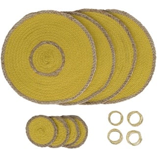 Penguin Home Set mit 12 Jute-Platzsets, Untersetzern und Serviettenringen – gelb – runde Tischsets – handgefertigt von erfahrenen indischen Kunsthandwerkern – Durchmesser – 32 cm