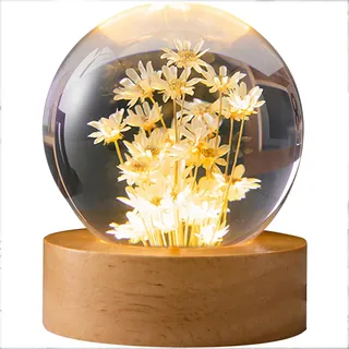 Excerando Kristallkugel Nachtlicht - 6 cm Glaskugel Lampe Mit Ewiger Blume, LED Deko für Schlafzimmer und Wohnzimmer, Geschenk für Frauen