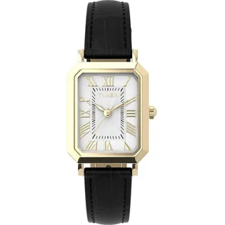 Timex Uhr Tw2Y71900, 21mm rechteckiges Goldgehäuse, schwarzes Lederarmband Krokoprägung, wasserdicht 30m - Schwarz