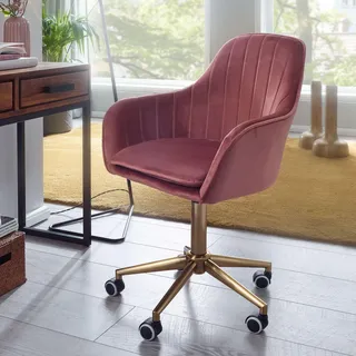 FineBuy Design Schreibtischstuhl Rosa mit Rollen - Samt Bezug gepolstert | Bürostuhl höhenverstellbar & drehbar | Sessel Drehstuhl - Rosa