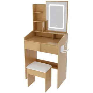 Stilvora Schminktisch in Naturfarben Frisiertisch mit Hocker und Led, B60/H130/T36 cm für kleine Schlafzimmer und Wohnungen , Holzwerkstoff , 2 Fächer , 2 Schubladen , Rechteckig,Rechteckig , Wange , 60x130x36 cm , Schlafzimmer, Schminktische