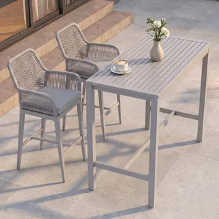 Set Bartisch + 2x Barhocker HWC-P91, Barstuhl Stehtisch, Outdoor Sitzpolster Seilgeflecht Metall hellgrau - Grau