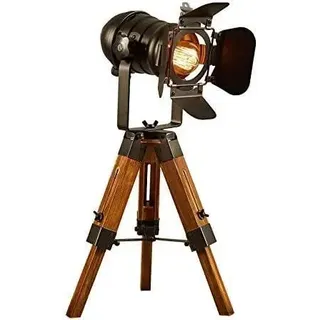Vintage Stativlampe - Holz Stehlampe Dreibein - Verstellbarer Industrie-Scheinwerfer - Retro Design - EU Stecker 110-240V AC - Schwarzer Schirm braunes Gestell - Schwarz, Braun