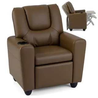 FANTASK Kindersessel Relaxsessel mit Relaxfunktion, Verstellbarer Rückenlehne & Fußstütze, Getränkehalter, gepolstert für Kinder ab 3 Jahren (Braun)