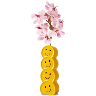 1Stk Blumenvase Keramik Gelb, Smiley Vase, Handgefertigte Vase Klein Porzellan Einzigartig Nordische Blumenvase Gelbes Glückliches Gesicht für Pampasgras Blumen Deko Moderne Heimdekoration