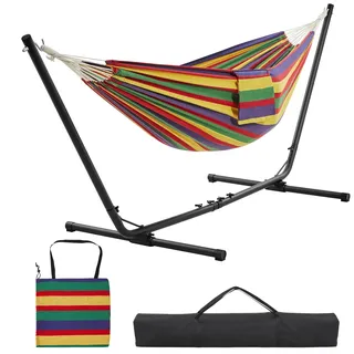Yaheetech Hängematte mit Gestell, Verstellbarer Doppelhängematte 294/304/314cm mit Stabiler Rahmen, bis 205 kg Belastbar, Großzügige 2-3 Personen Hammock für Indoor & Outdoor, Regenbogenstreifen