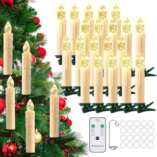 cimetech 20er Christbaumkerzen Kabellos Led Schwebende Kerzen Weihnachtsbaumbeleuchtung Lichterkette Weihnachtsbaum Warmweiß Weihnachtsdeko mit Fernbedienung Timer 1.5 x 8 cm