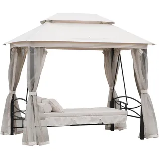 Outsunny 3-Sitzer Hollywoodschaukel Gartenschaukel Pavillon Seitenwände Liegefunktion , Beige , Metall , 172x248x256 cm , Gartenmöbel, Gartenschaukeln, Hollywoodschaukeln