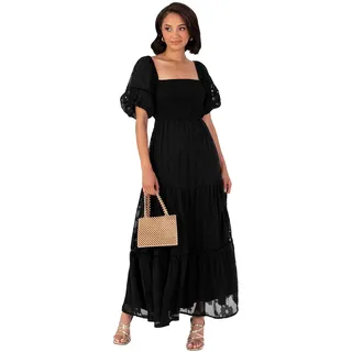 Lovedrobe Women's Maxi Dress Ladies Square Neckline Puff Sleeve Tiered Hem Floral Chiffon Shirred A-line Tie Back Milkmaid, Schwarz 48