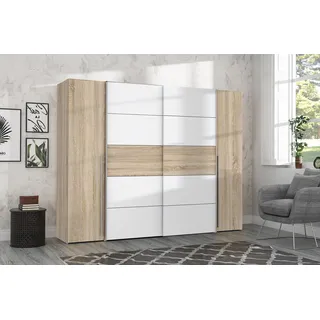 Narago Schrank 270, weißer Kleiderschrank Sonoma Eiche, 270,3 cm - Schwebetüren -