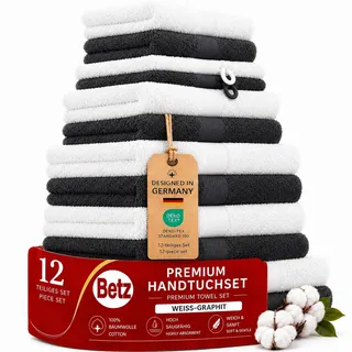 Betz Handtuch Set Premium 12-teilig 100% Baumwolle – 2 Duschtücher, 4 Handtücher, 2 Gästetücher, 2 Seiftücher, 2 Waschhandschuhe – Weiche Frottee Handtücher 470g/m2 – Farbe weiß/Graphit