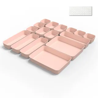 Schubladen Organizer Box Organizer Schubladen Ordnungssystem 16 Stk Küche Badezimmer Kosmetik Gewürz Aufbewahrung Organisation Drawer Kunststoff Büro Schreibtisch Trenner mit Silikonmatten (Rosa)