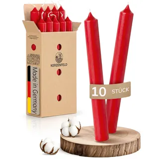 Stabkerzen Rot, 10 Stück, 180mm x 22mm, 2-fach getaucht, 7+ Stunden Brenndauer, Made in Germany, Ohne Tropfen & Rußen - Unparfümierte und RAL-Zertifizierte Tafelkerzen