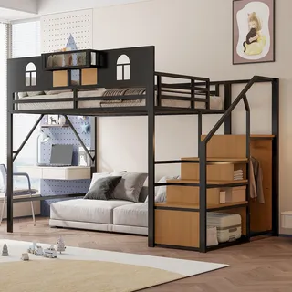Ball & Cast Loft Bed (140x200cm) mit Aufbewahrungsleiter und Einfachem Kleiderschrank, Metal Hochbett mit Erhöhte Umzäunung, Stabil & Rauschlos, Schwarz