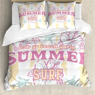 ABAKUHAUS Abstrakt Bettbezug, Blumen Surf und Sommer, Milbensicher Allergiker geeignet mit Kissenbezügen, 155 cm x 220 cm - 80 x 80 cm, Blassgelb Weiß - Weiß