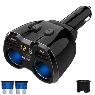 PD 3.0 Zigarettenanzünder Adapter 150W Kfz 12V Verteiler USB C Auto Ladegerät 2 Mehrfach Steckdose Netzteil DC 24V Stecker Splitter mit Schalter 3 USB Anschlüsse für Sitzheizung Handy GPS DashCam Navi