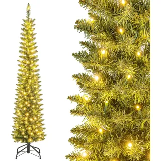 COSTWAY 180cm künstlicher Weihnachtsbaum Bleistift, Tannenbaum mit Beleuchtung, LEDs in Warmweiß, schlanker Christbaum für Weihnachten, Kunstbaum mit Metallständer, Grün - Grün
