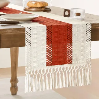 ZeeMart Tischläufer im Makramee-Stil, zweifarbige Nähte, 35,6 x 183,9 cm, orange/elfenbeinfarben, Boho-Tischläufer, gebranntes Orange, 183 cm lang, Bauernhaus-Gewebe, Herbstdekoration