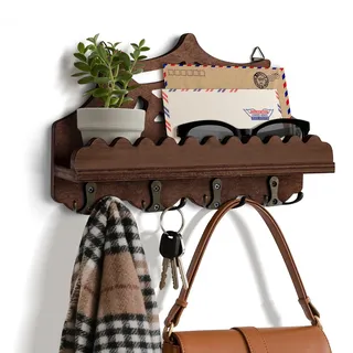 Schlüsselbrett mit Ablage Ohne Bohren,Schlüsselhalter Schlüsselregal mit Briefhalter und 9 Haken, Schlüsselboard Modern, Schlüsselhalter Wand für Wohnzimmer, Küche, Büro, Flur, Schlafzimmer, Braun