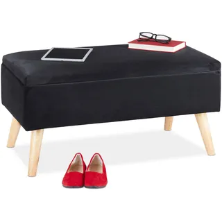 Relaxdays Sitzbank mit Stauraum, Samtbezug, 40 L, gepolstert, Holzbeine, Flur, 2er Truhenbank, 41 x 80 x 40 cm, schwarz