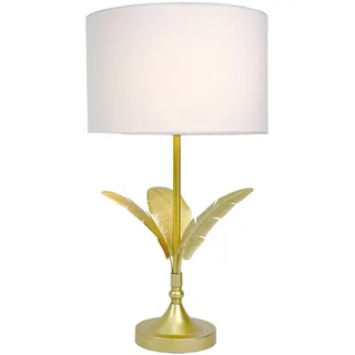 Relaxdays Tischlampe, Palmenblatt-Sockel, Stoffschirm, E14-Fassung, Wohnzimmer, Schlafzimmer, Tischleuchte, weiß/Gold