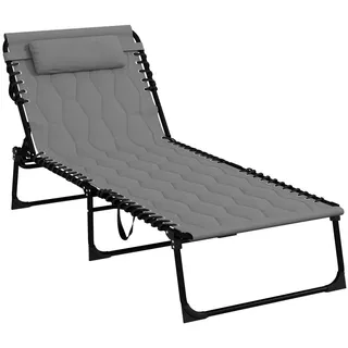 Outsunny Klappbare Gartenliege mit Kopfkissen, für Garten, Balkon, Oxford, Grau , Metall , 188x36x65 cm , Gartenmöbel, Gartenliegen