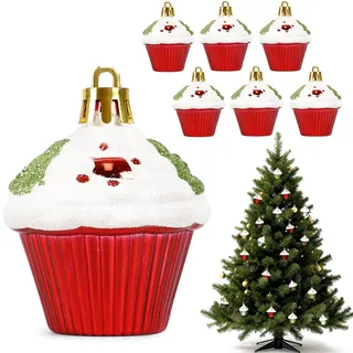 6 Stück Christbaumschmuck Cupcake Törtchen Set - Lustig Nachtisch Christbaumanhänger Kunststoff Weihnachtskugeln Baumkugeln als Weihnachtsdeko Weihnachtsbaum Baumkugel Deko Anhänger - Rot