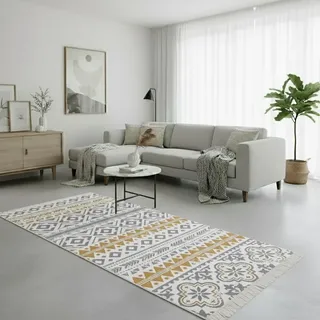 Fashion4Home Teppich Läufer - Tepiche für Wohnzimmer, Schlafzimmer, Küche, Kinderzimmer, Badezimmer - Boho Kelim - Läufer Flur, Ceramic-Hellgrau-Gold, Größe: 80x150 cm