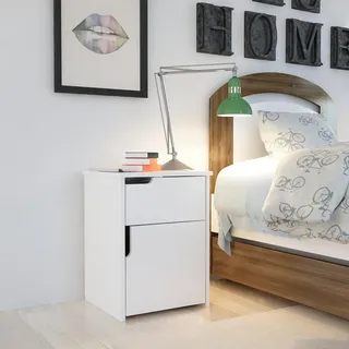 Modern White Nightstand with 1 Drawer & Multiple Shelves, 45 x 60 x 40 cm | 100% Melamine Coated Particle Board, 18 mm Thick | Stylish Scandinavian Design for Home & Hotel