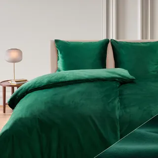 Blumtal Bettwäsche 200x200 & 2x 80x80cm Cashmere-Touch Plüsch in Dunkelgrün - dunkelgrün