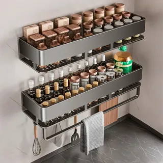 Fooaot Gewürzregal Wand,2er Set Metall Gewürz Organizer,Grau Küchenregal Ohne Bohren Mit 5 Haken, Gewürzständer,Wandmontage Gewürzregal Hängend für Küchenablage,40cm