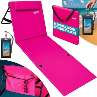 DETEX® Strandmatte mit Rückenlehne Gepolstert Pink Sonnenliege klappbar UV-beständig Tasche Reißverschluss Kissen Tragegurt Garten Camping Picknick Liegematte 158x56cm - Rosa