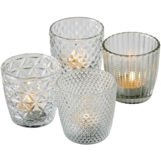 Boltze Windlicht Set Marilu 4-teilig (Transparent, Deko-Gläser für Kerzen/Teelichter, Kerzenständer ø 8 cm, Verschiedene Muster, Form rund, Teelichthalter) 1014419, Normal