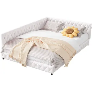 Tagesbett Polsterbett 140x200 cm, Beige, LED-Beleuchtung und USB-Anschluss , Textil , Mode , 140x200 cm , Schlafzimmer, Betten, Polsterbetten