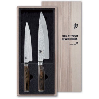 KAI Shun Premier Tim Mälzer japanisches Kochmesser 2er Set - Kochmesser 20 cm Klingenlänge + Allzweckmesser 16,5 cm Klingenlänge - Damastmesser 32 Lagen VG MAX Kern - 61 HRC - Pakkaholzgriff