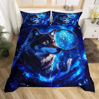 Homewish Wolf Bettwäsche Fantasie Sternenhimmel Traumfänger Bettbezug Set 135x200 für Jungen Mädchen Teenager Kinder,Moderne Ästhetisch Wildtiere Bettwäscheset Neuartig Tierliebhaber Raumdekor Weich