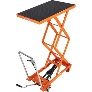SucceBuy Hydraulischer Hubtischwagen mit 330 Pfund Tragfähigkeit, 127 cm Höhe, ausgestattet mit 4 Rädern und rutschfester Oberfläche, ideal für Materialtransport und Handhabung, Orange