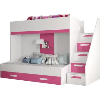 Etagenbett für Kinder Party 16 Stockbett mit Treppe und Bettkasten (Weiß + Rosa Glanz) - Weiß, Rosa